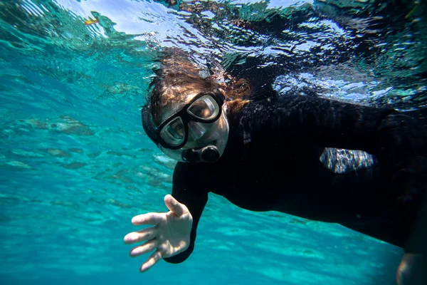 Νεαρή Γυναίκα Υγρό Κοστούμι Snorkling Στα Ανοικτά Των Ακτών Του — Φωτογραφία Αρχείου