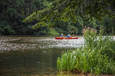 Kanoda iki kişi yazın orman gölünde rafting yapıyor..
