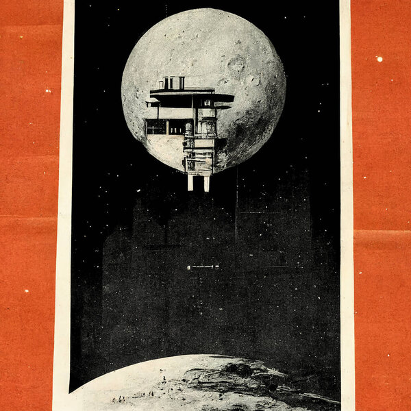 Science Fiction posters of space stations as mechanical drawings