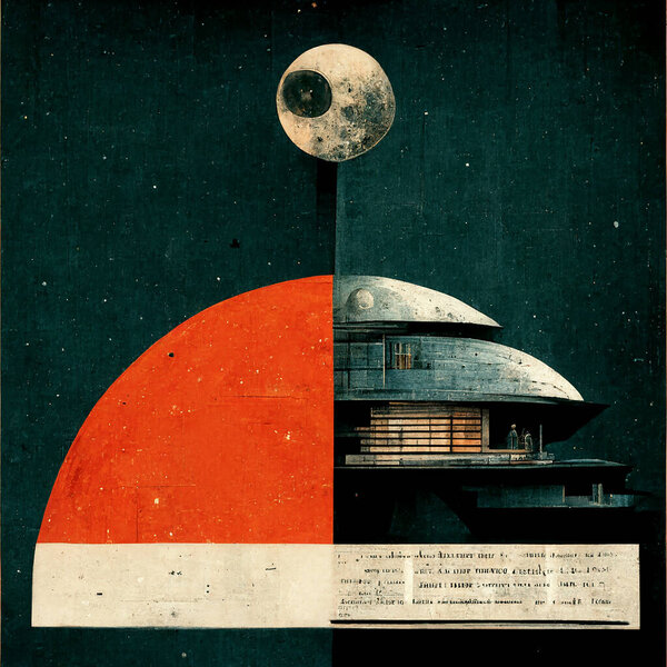 Science Fiction posters of space stations as mechanical drawings