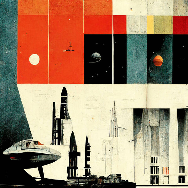 Science Fiction posters of space stations as mechanical drawings