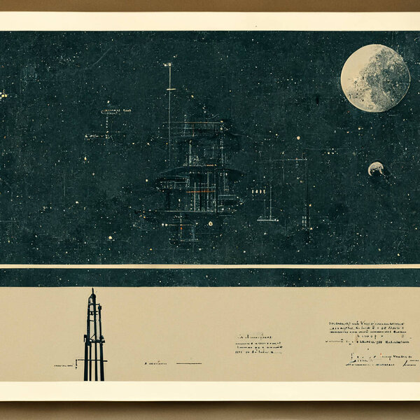 Science Fiction posters of space stations as mechanical drawings