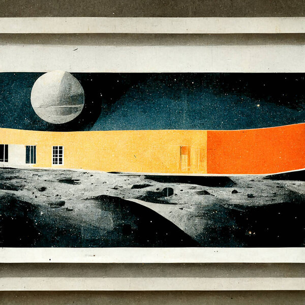 Science Fiction posters of space stations as mechanical drawings