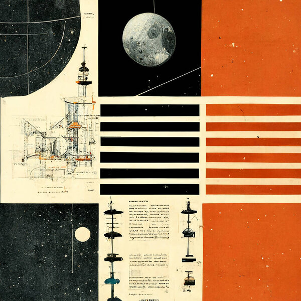 Science Fiction posters of space stations as mechanical drawings