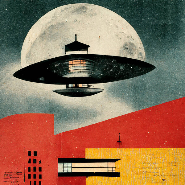 Science Fiction posters of space stations as mechanical drawings