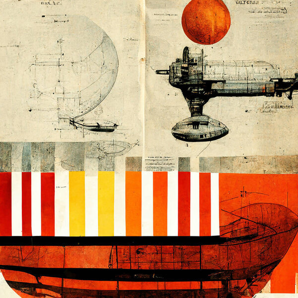 Science Fiction posters of space stations as mechanical drawings