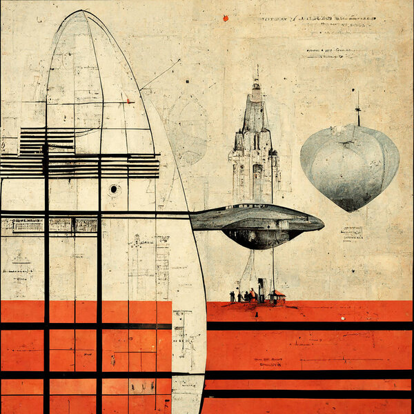 Science Fiction posters of space stations as mechanical drawings