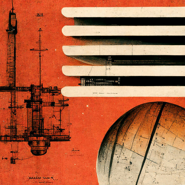 Science Fiction posters of space stations as mechanical drawings