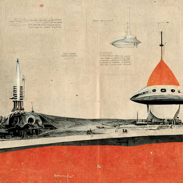 Science Fiction posters of space stations as mechanical drawings