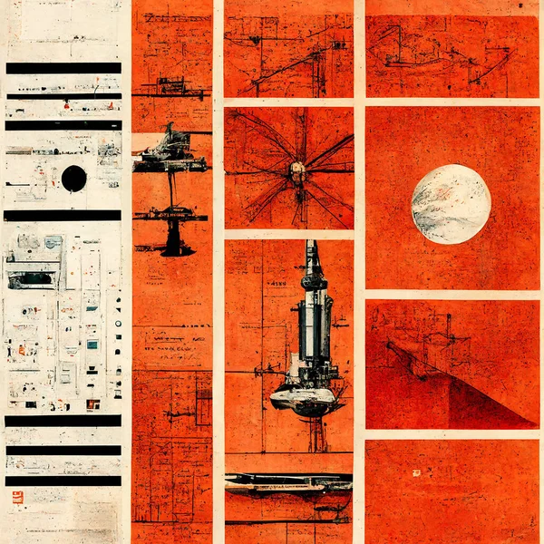 Science Fiction Poster Von Raumstationen Als Mechanische Zeichnungen — Stockfoto