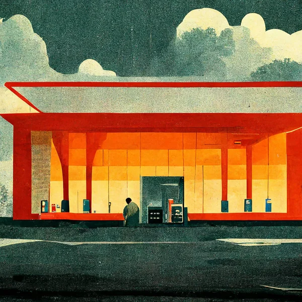 Vintage Graphic Illustration Der Tankstelle Mit Begleiter — Stockfoto
