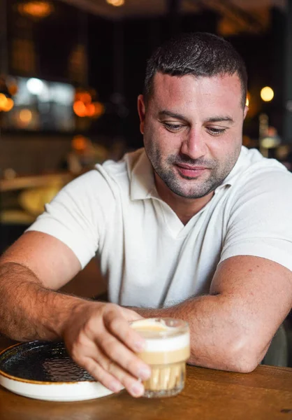 Middle Aged Man Sitting Bar Having Coffee — Stockfoto