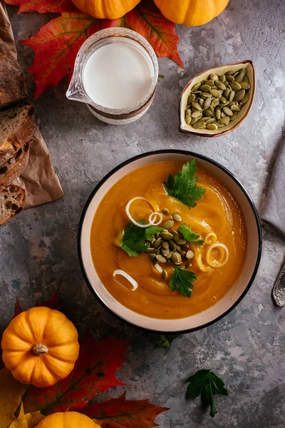 Sopa Abóbora Outono Uma Tigela — Fotografia de Stock