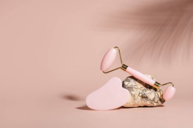 Bej arka planda, palmiye yaprağı gibi sert gölgeleri olan gül yeşili bir silindir.