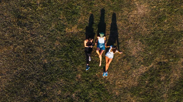 Bird Eye View Three Women Lying Grass — стоковое фото
