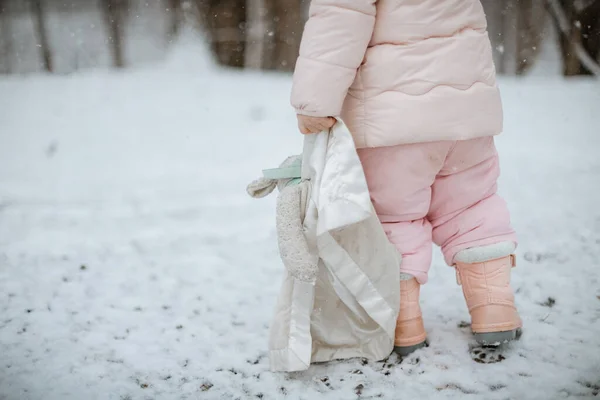 Jovem Criança Feminina Neve Arrastando Brinquedo Cordeiro Recheado — Fotografia de Stock