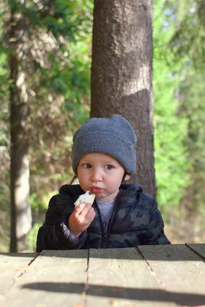 Ragazzo Mangia Pane Nella Foresta — Foto Stock