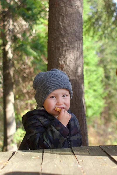Ребенок Ест Хлеб Лесу — стоковое фото