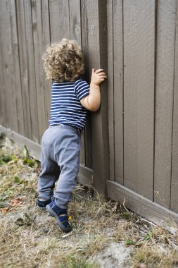 Küçük çocuğun dikiz aynası komşunun çitinden bakıyor.