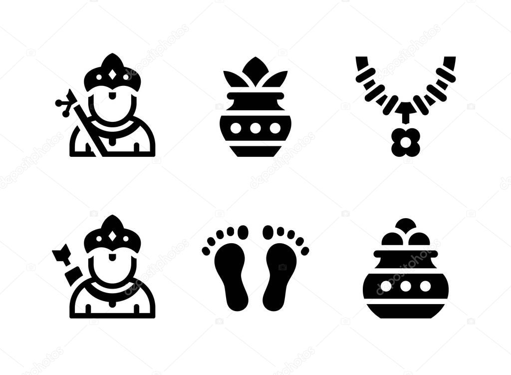 Simple Set of Diwali Related Vector Solid Icons. Contains Icons as Krishna, Garland, Footprints and more.