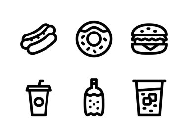 Basit Gıda ve İçecekle İlgili Vektör Hattı Simgeleri. Icons as Hotdog, Donut, Burger ve daha fazlasını içerir.