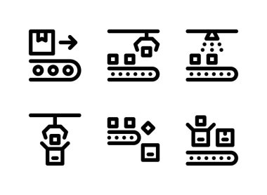 Basit Fabrika İlişkili Vektör Çizgisi Simgeleri Kümesi. Simgeleri Taşıyıcı, Otomatik Makine, Paketleme ve daha fazlasını İçerir.