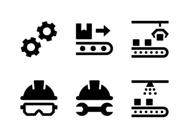 Basit Fabrika İlişkili Vektör Katı Simgeleri Kümesi. Simgeler Dişliler, Taşıyıcı, Hart Şapkası ve daha fazlasını içerir.