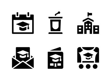 Basit Mezuniyet İlgili Vektör Solid Simgeleri Kümesi. Podyum Konuşması, Üniversite Binası, Posta ve daha fazlasını Simgeler.