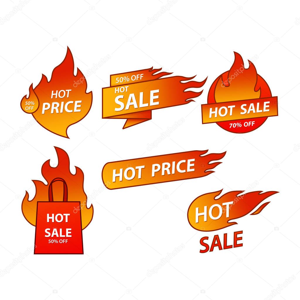 Hot sale, labels templates stickers designs with flame. Vector illustration