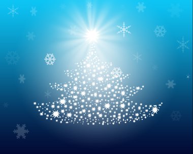 Mavi arka planda yıldızlar olan Noel ağacı