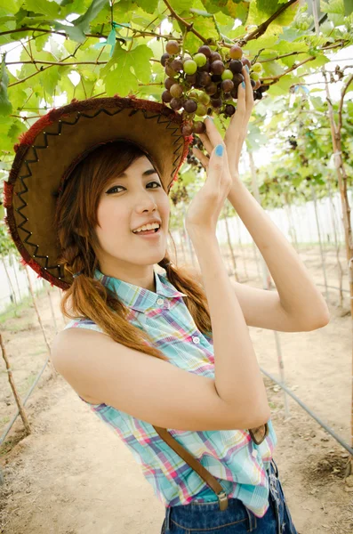 Asian women showing the grapes in grapes farm — Stock Photo, Image