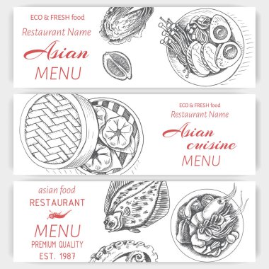 Vektör illüstrasyon kroki - oryantal yiyecek. Kartı menü Asya vintage tasarım şablonu, afiş.