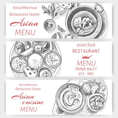 Vektör illüstrasyon kroki - oryantal yiyecek. Kartı menü Asya vintage tasarım şablonu, afiş.