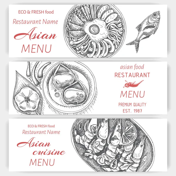 Illustration Vectorielle Croquis Nourriture Orientale Menu Carte Asiatique Vintage Modèle — Image vectorielle