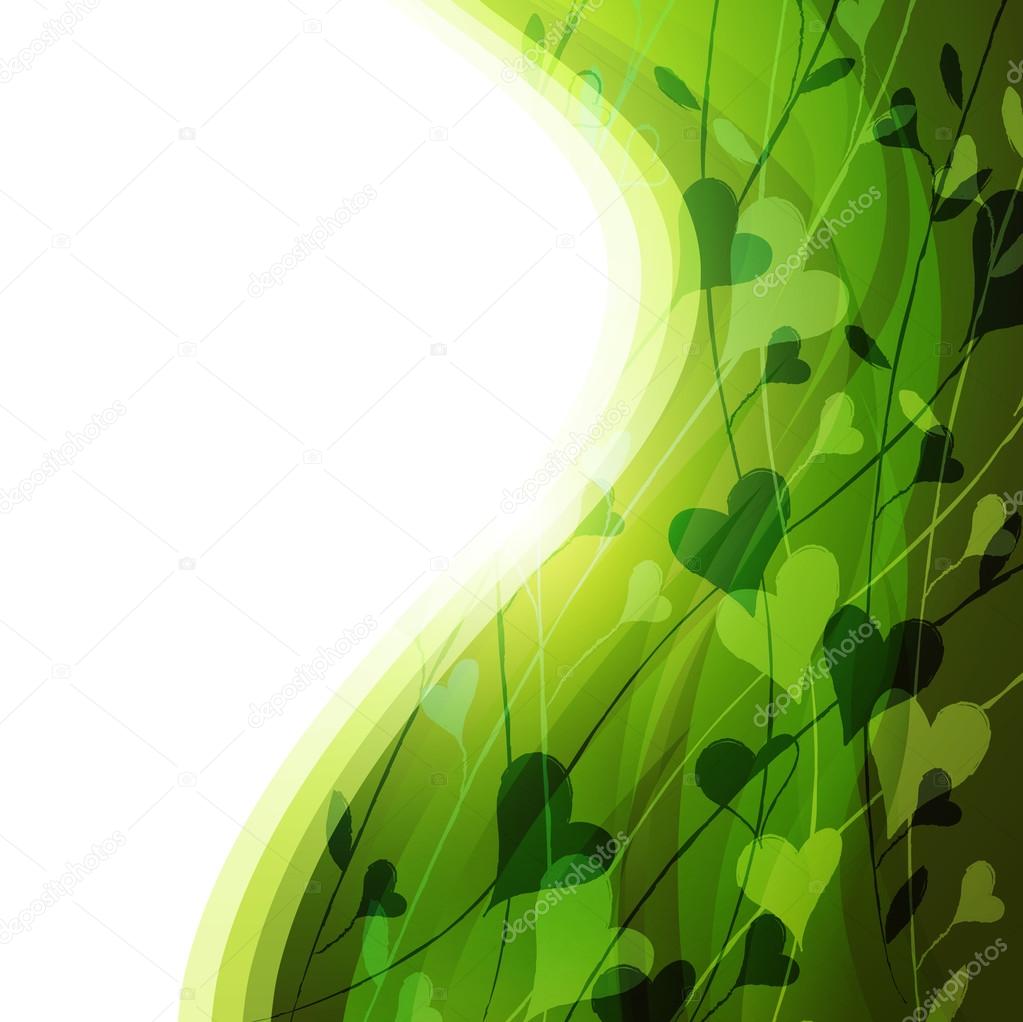 Green background with abstract leaves, hearts