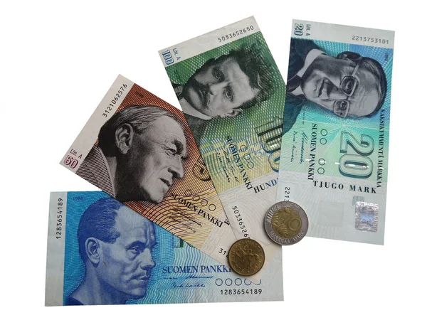 Notas e moedas da Finlândia para a introdução do Euro foto 1 — Fotografia de Stock