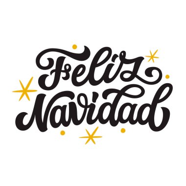 Feliz Navidad. çeviri: Mutlu Noeller. Beyaz arka planda izole edilmiş el yazısı. Tebrik kartları, posterler, parti, ev dekorasyonları, duvar çıkartmaları, afişler için vektör tipografisi