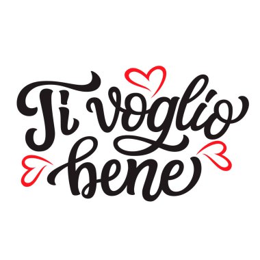 Italian translation: I love you. Hand lettering text with red hearts isolated on white background. Vector typography for posters, Valentines day cards, banners, wedding decor