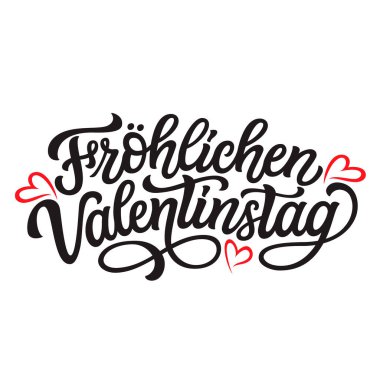 German translation: Happy Valentines day. Hand lettering text with red hearts isolated on white background. Vector typography for posters, cards, banners, party decor