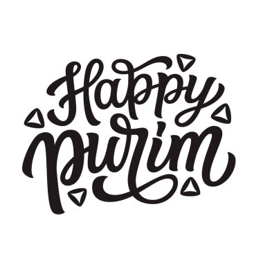 Purim 'in kutlu olsun. Beyaz arka planda geleneksel kurabiyelerin olduğu el yazısı. Posterler, afişler, kartlar, tişörtler için vektör tipografisi