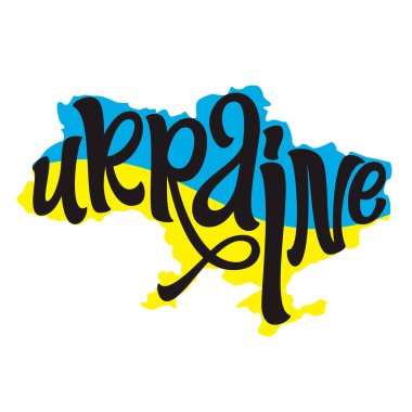 Ukrayna. Beyaz arka planda izole edilmiş Ukrayna 'nın sarı mavi haritası şeklinde el yazısı. Posterler, kartlar, tişörtler, çıkartmalar, iğneler için vektör tipografisi