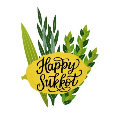 Mutlu Sukkot 'lar. Beyaz arka planda dört tür (lulav, etrog, hadas, aravag) bulunan el yazısı metni izole edilmiştir. Yahudi bayram süslemeleri, kartlar, afişler, posterler için vektör tipografisi