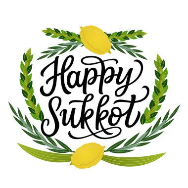 Mutlu Sukkot 'lar. Beyaz arka planda dört tür (lulav, etrog, hadas, aravag) bulunan el yazısı metni izole edilmiştir. Yahudi bayram süslemeleri, kartlar, afişler, posterler için vektör tipografisi