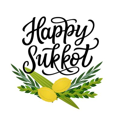 Mutlu Sukkot 'lar. Beyaz arka planda dört tür (lulav, etrog, hadas, aravag) bulunan el yazısı metni izole edilmiştir. Yahudi bayram süslemeleri, kartlar, afişler, posterler için vektör tipografisi