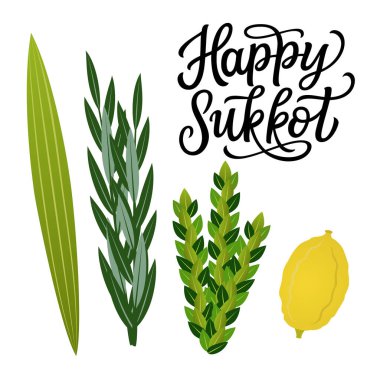 Mutlu Sukkot 'lar. Beyaz arka planda dört tür (lulav, etrog, hadas, aravag) bulunan el yazısı metni izole edilmiştir. Yahudi bayram süslemeleri, kartlar, afişler, posterler için vektör tipografisi