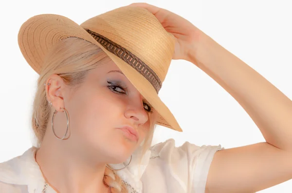 A blonde girl with a straw hat — Stock Photo, Image