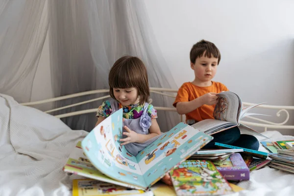 Dos hermanos leyendo libros en el sofá — Foto de Stock