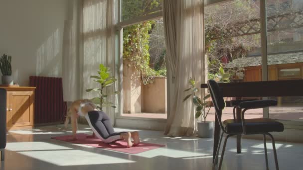 Bella ragazza bionda in forma in uno sport bianco short top e leggings neri che praticano yoga a casa su un matt rosa in una giornata di sole. — Video Stock