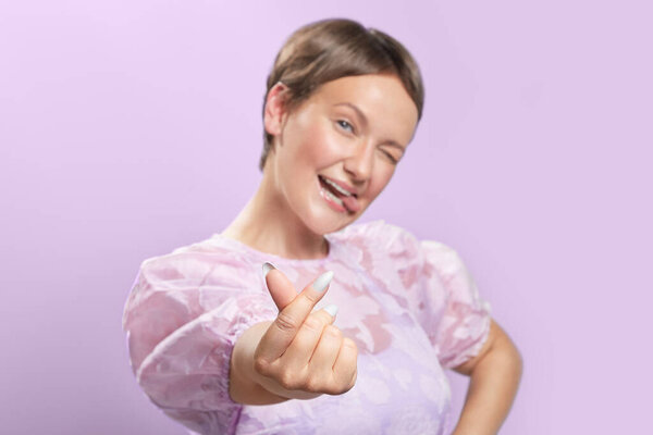 Portrait Gentle Short Hair Young Caucasian Lady Winking Eye Biting Stock Image
