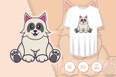 Tatlı köpek çizgi film karakteri. Tişörtlerdeki parmak izleri, sweatshirtler, cep telefonları için çantalar, hediyelik eşyalar. İzole vektör illüstrasyonu.